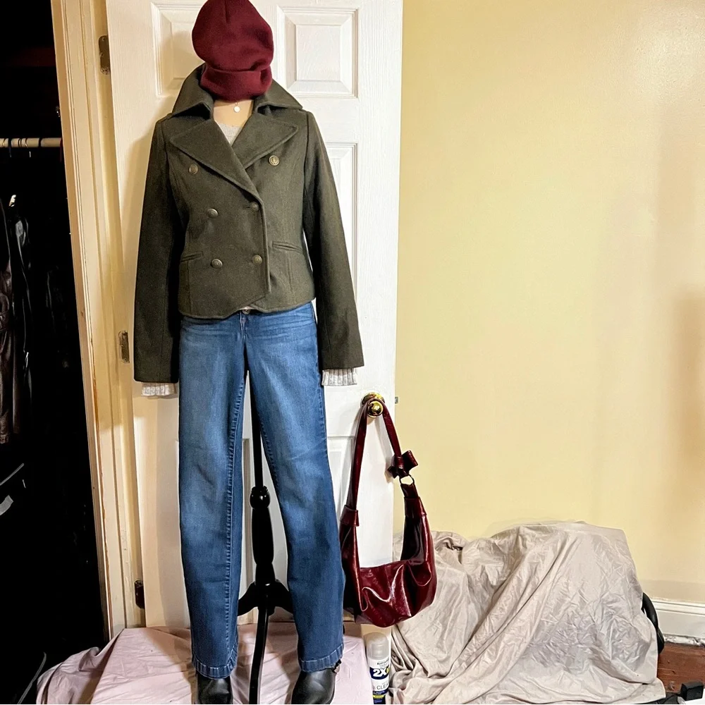 Old Navy Wms‎ Wool Blend Moss Green Military Crop Lined Retro Preppy Jacket S